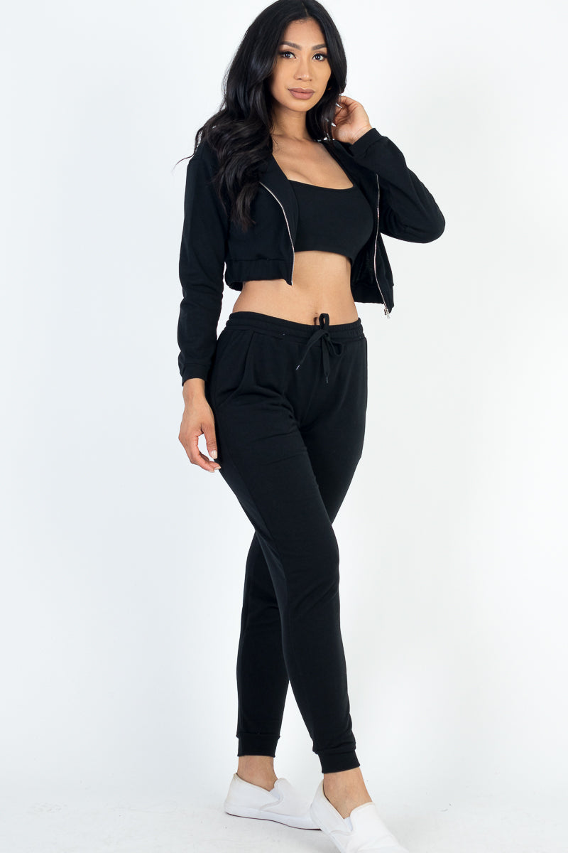 French Terry Cropped Cami with Zip-up Jacket and Joggers Set - Capella Apparel