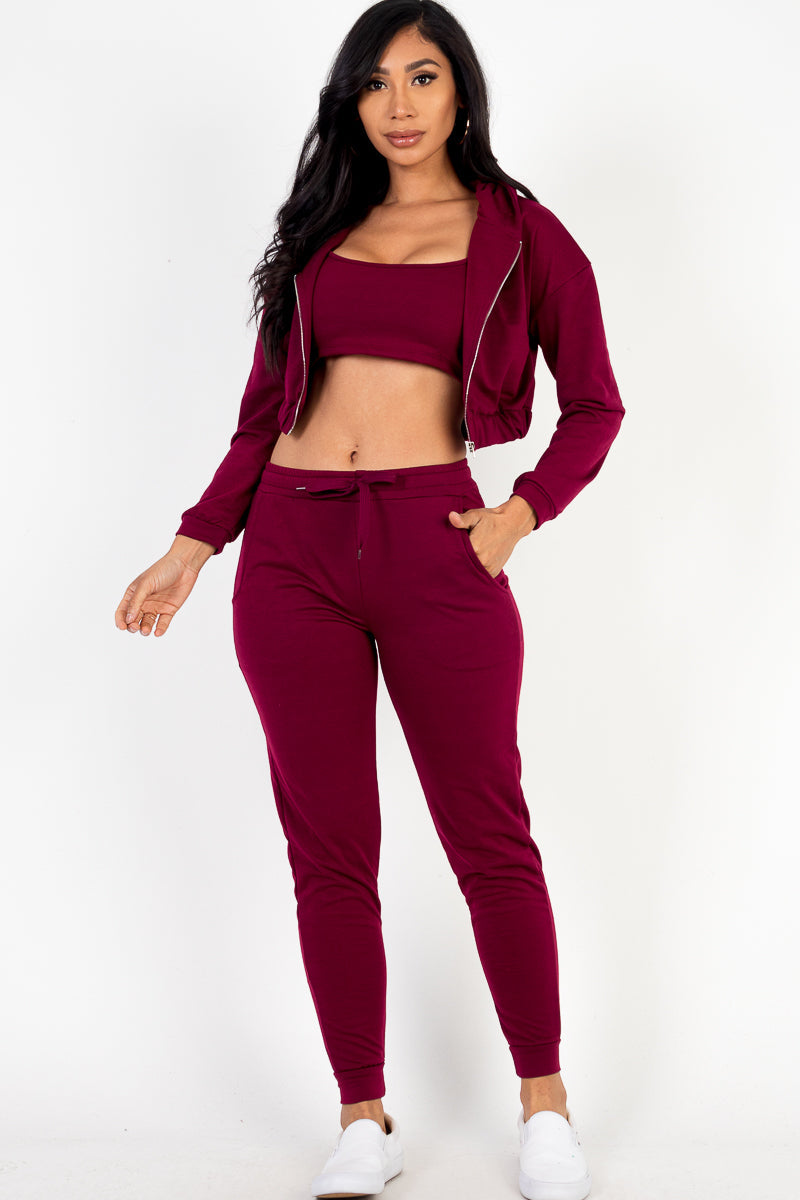 French Terry Cropped Cami with Zip-up Jacket and Joggers Set (CAPELLA) - Capella Apparel