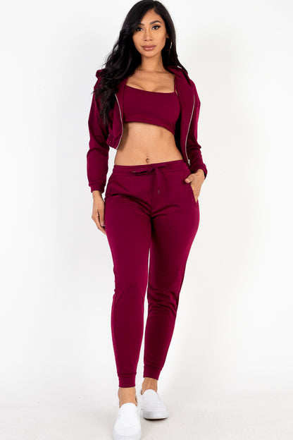 French Terry Cropped Cami with Zip-up Jacket and Joggers Set - Capella Apparel