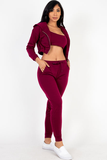 French Terry Cropped Cami with Zip-up Jacket and Joggers Set - Capella Apparel