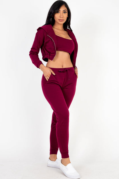 French Terry Cropped Cami with Zip-up Jacket and Joggers Set (CAPELLA) - Capella Apparel