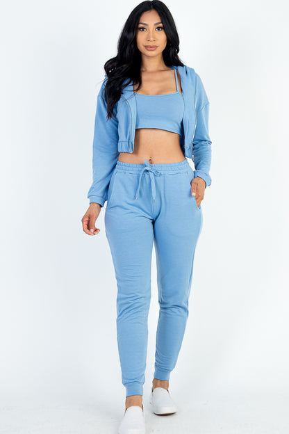 French Terry Cropped Cami with Zip-up Jacket and Joggers Set - Capella Apparel