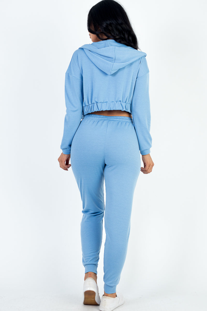 French Terry Cropped Cami with Zip-up Jacket and Joggers Set - Capella Apparel