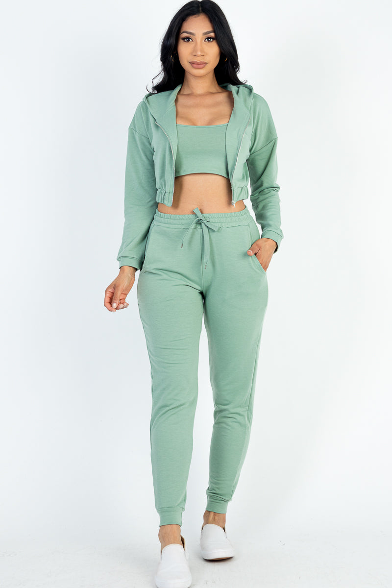 French Terry Cropped Cami with Zip-up Jacket and Joggers Set - Capella Apparel