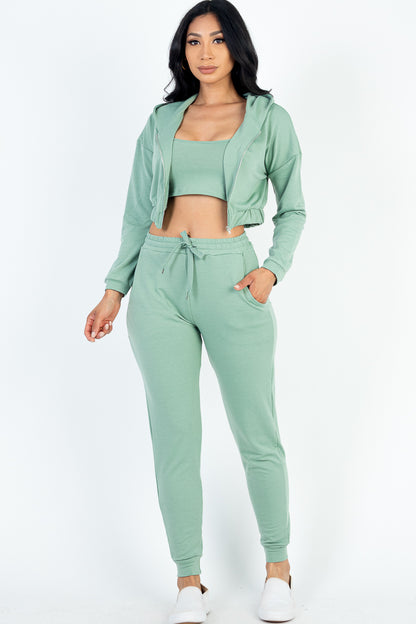 French Terry Cropped Cami with Zip-up Jacket and Joggers Set - Capella Apparel