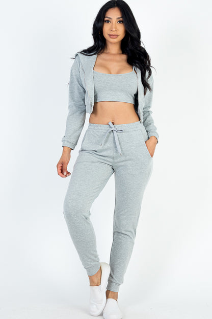 French Terry Cropped Cami with Zip-up Jacket and Joggers Set - Capella Apparel