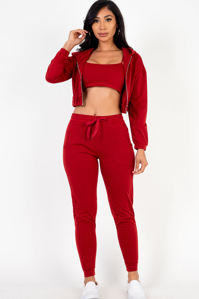 French Terry Cropped Cami with Zip-up Jacket and Joggers Set - Capella Apparel