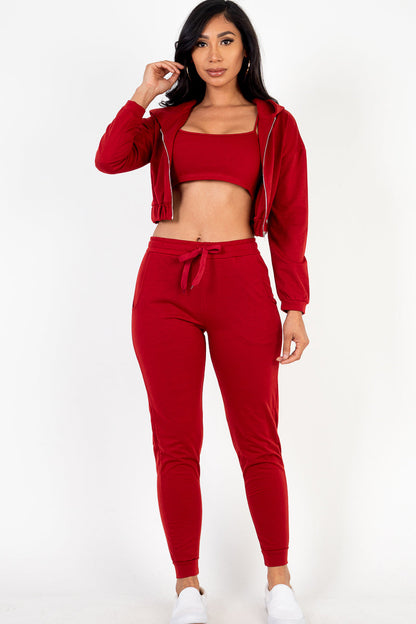 French Terry Cropped Cami with Zip-up Jacket and Joggers Set (CAPELLA) - Capella Apparel