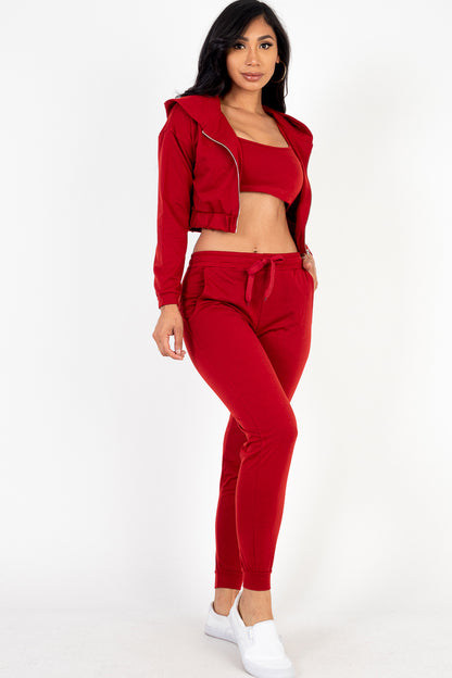 French Terry Cropped Cami with Zip-up Jacket and Joggers Set - Capella Apparel