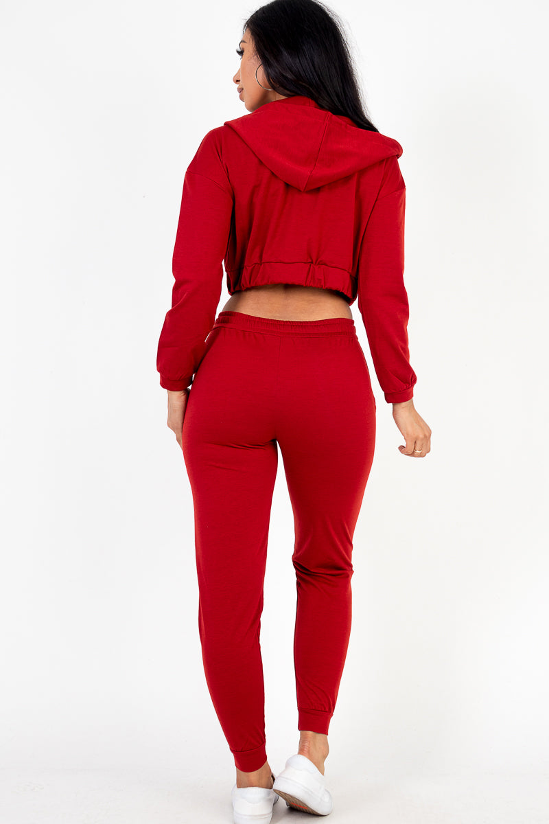 French Terry Cropped Cami with Zip-up Jacket and Joggers Set - Capella Apparel