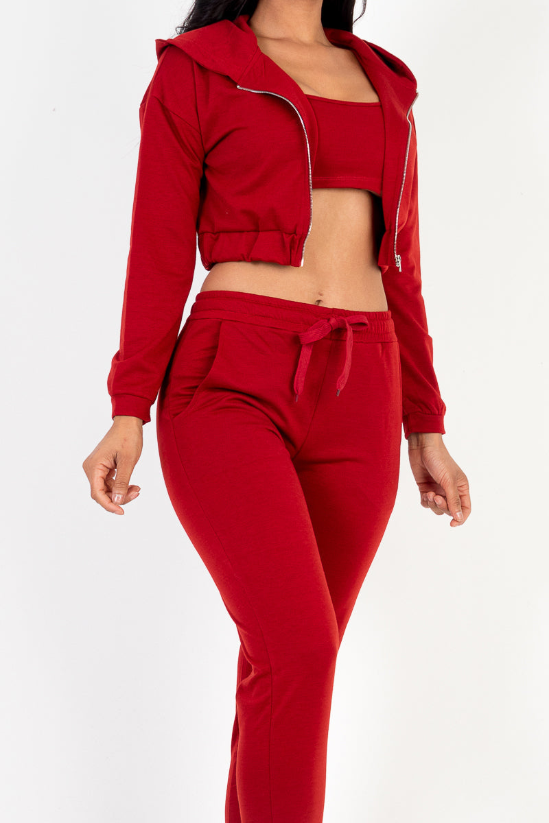 French Terry Cropped Cami with Zip-up Jacket and Joggers Set (CAPELLA) - Capella Apparel