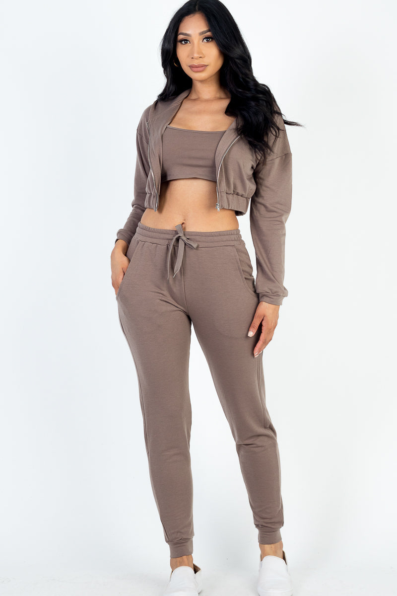 French Terry Cropped Cami with Zip-up Jacket and Joggers Set (CAPELLA) - Capella Apparel