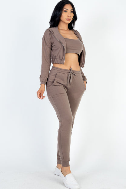 French Terry Cropped Cami with Zip-up Jacket and Joggers Set - Capella Apparel