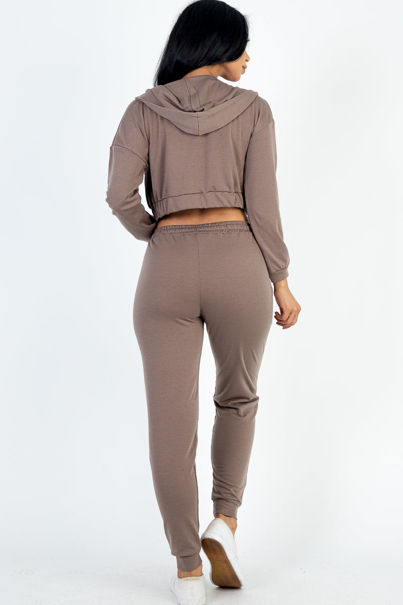 French Terry Cropped Cami with Zip-up Jacket and Joggers Set - Capella Apparel