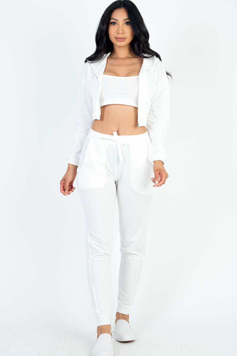 French Terry Cropped Cami with Zip-up Jacket and Joggers Set - Capella Apparel