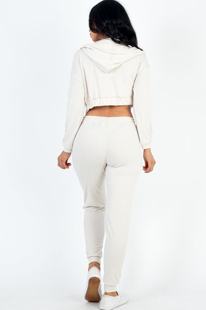 French Terry Cropped Cami with Zip-up Jacket and Joggers Set - Capella Apparel