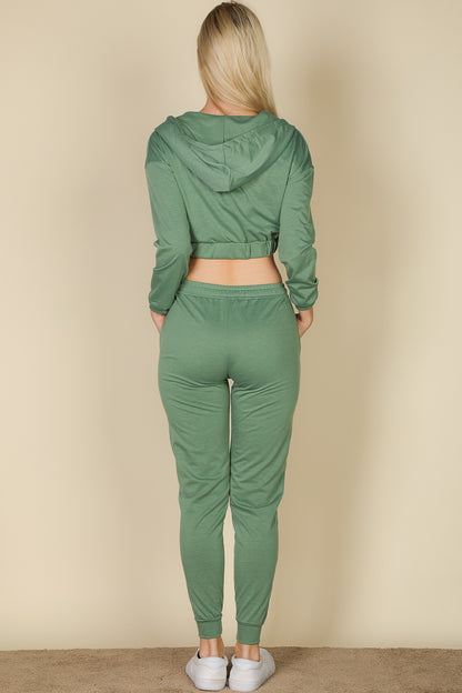 French Terry Cropped Cami with Zip-up Jacket and Joggers Set - Capella Apparel