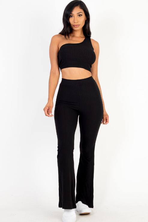 Ribbed One Shoulder Crop Top & Flared Pants Set - Capella Apparel