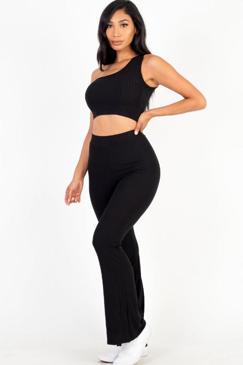 Ribbed One Shoulder Crop Top & Flared Pants Set - Capella Apparel