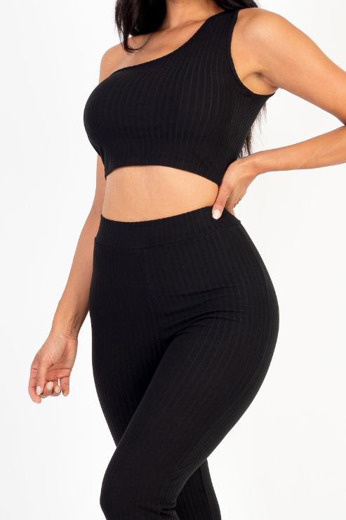 Ribbed One Shoulder Crop Top & Flared Pants Set - Capella Apparel