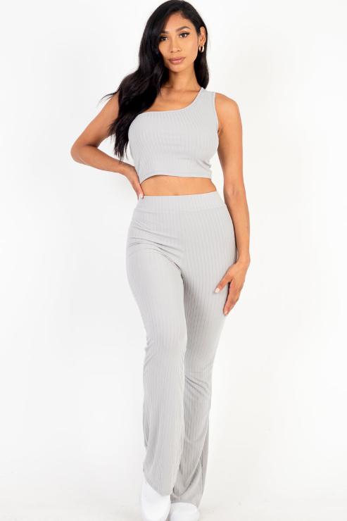 Ribbed One Shoulder Crop Top & Flared Pants Set - Capella Apparel