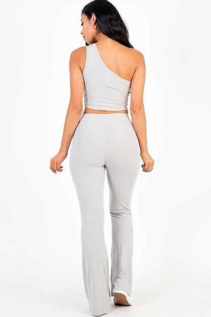 Ribbed One Shoulder Crop Top & Flared Pants Set - Capella Apparel