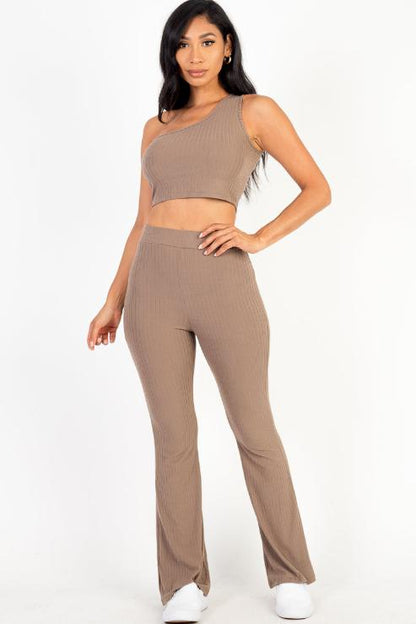 Ribbed One Shoulder Crop Top & Flared Pants Set - Capella Apparel