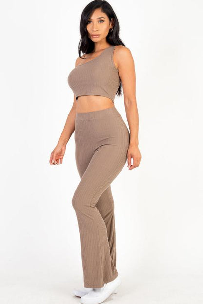 Ribbed One Shoulder Crop Top & Flared Pants Set - Capella Apparel