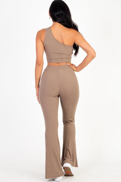 Ribbed One Shoulder Crop Top & Flared Pants Set - Capella Apparel