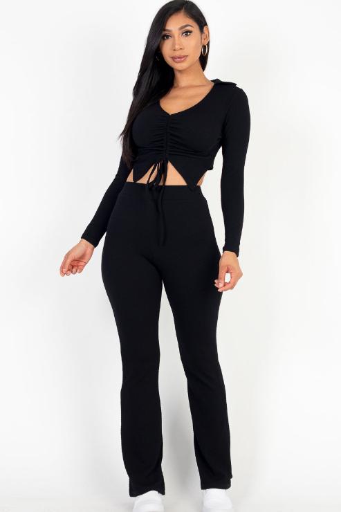 Ruched Drawstring Crop Shirt & Flare Pants Set - Capella Apparel