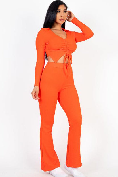 Ruched Drawstring Crop Shirt & Flare Pants Set - Capella Apparel