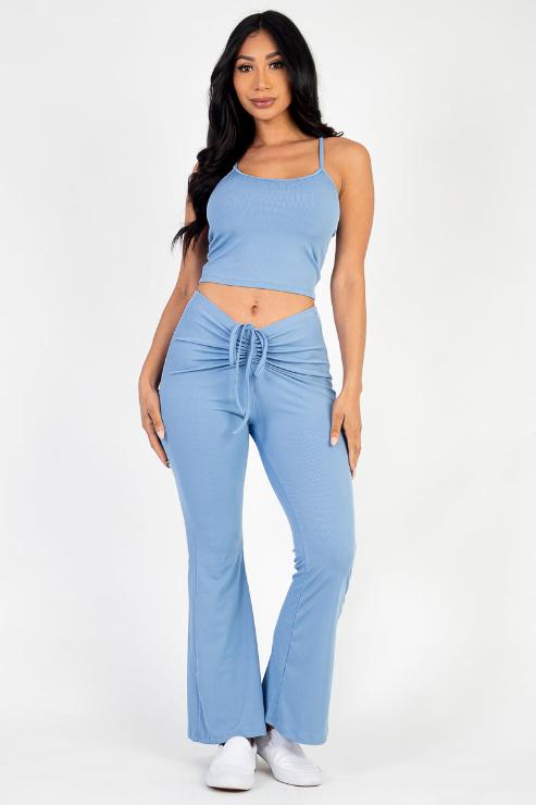 Ribbed Cami Top & Ruched Drawstring Flared Pants Set - Capella Apparel