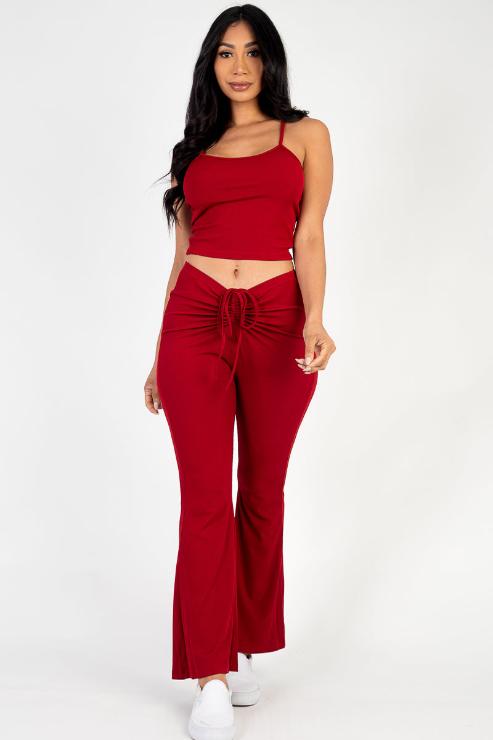 Ribbed Cami Top & Ruched Drawstring Flared Pants Set - Capella Apparel