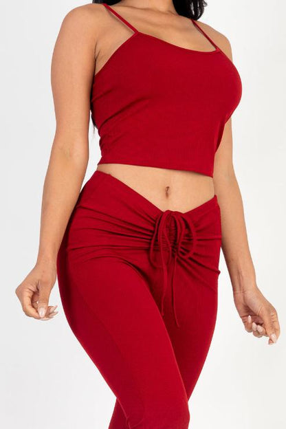 Ribbed Cami Top & Ruched Drawstring Flared Pants Set - Capella Apparel