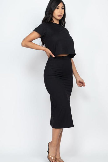 Short Sleeve Ribbed Top & Midi Skirt Set - Capella Apparel Wholesale