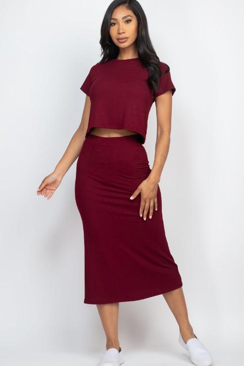 Short Sleeve Ribbed Top & Midi Skirt Set - Capella Apparel Wholesale