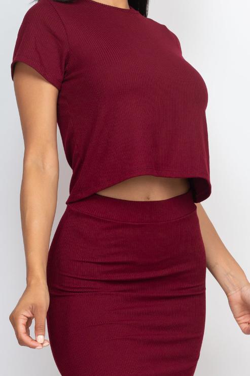 Short Sleeve Ribbed Top & Midi Skirt Set - Capella Apparel Wholesale