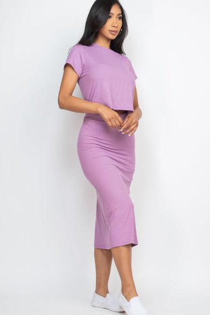 Short Sleeve Ribbed Top & Midi Skirt Set - Capella Apparel Wholesale