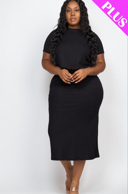 Plus Size Short Sleeve Ribbed Top & Midi Skirt Set - Capella Apparel Wholesale