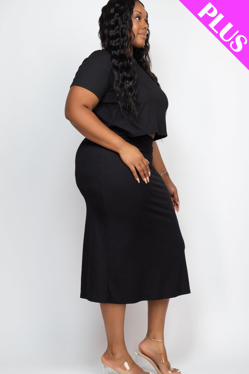 Plus Size Short Sleeve Ribbed Top & Midi Skirt Set - Capella Apparel Wholesale