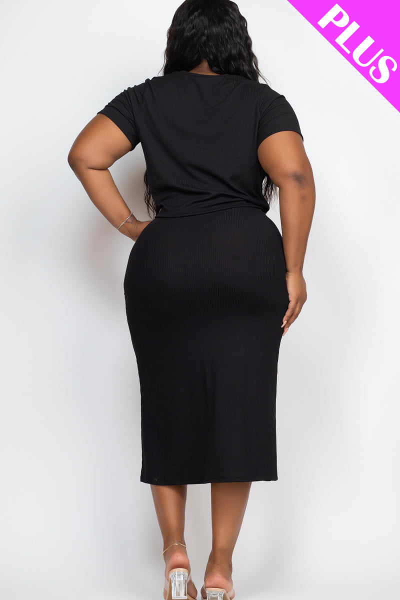 Plus Size Short Sleeve Ribbed Top & Midi Skirt Set - Capella Apparel Wholesale