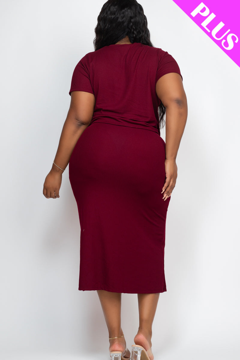 Plus Size Short Sleeve Ribbed Top & Midi Skirt Set - Capella Apparel Wholesale