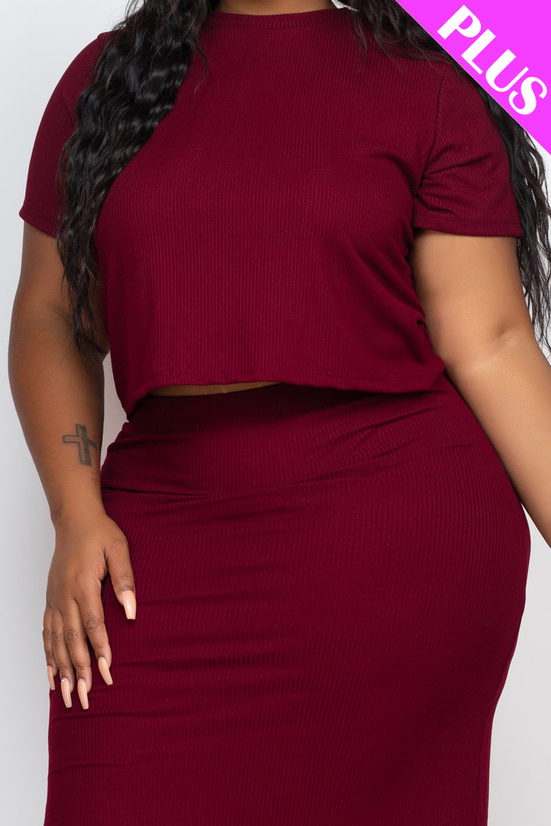 Plus Size Short Sleeve Ribbed Top & Midi Skirt Set - Capella Apparel Wholesale