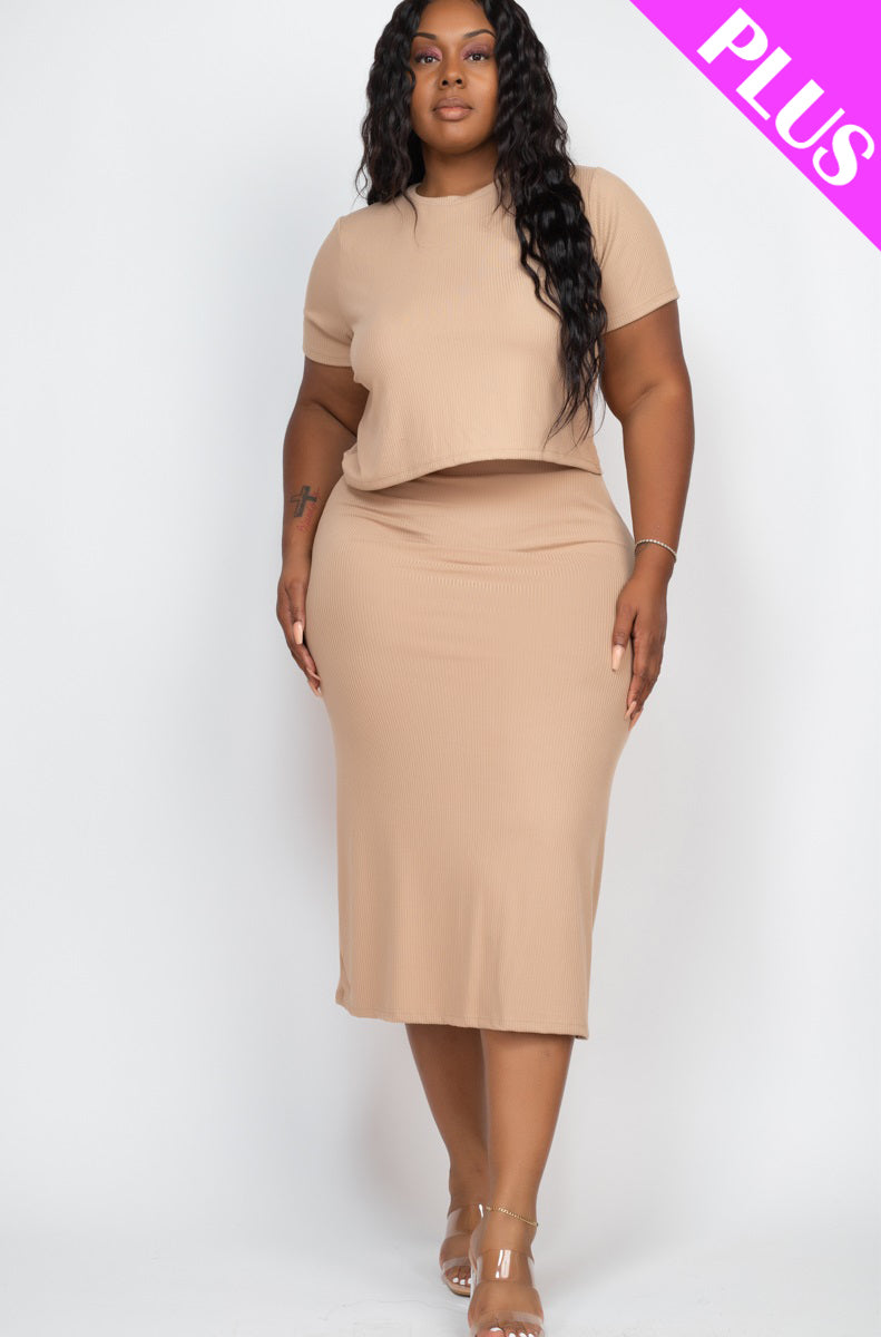 Plus Size Short Sleeve Ribbed Top & Midi Skirt Set - Capella Apparel Wholesale