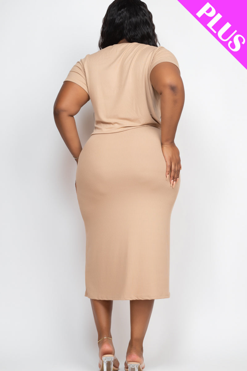 Plus Size Short Sleeve Ribbed Top & Midi Skirt Set - Capella Apparel Wholesale