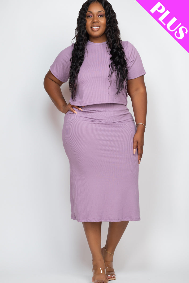 Plus Size Short Sleeve Ribbed Top & Midi Skirt Set - Capella Apparel Wholesale