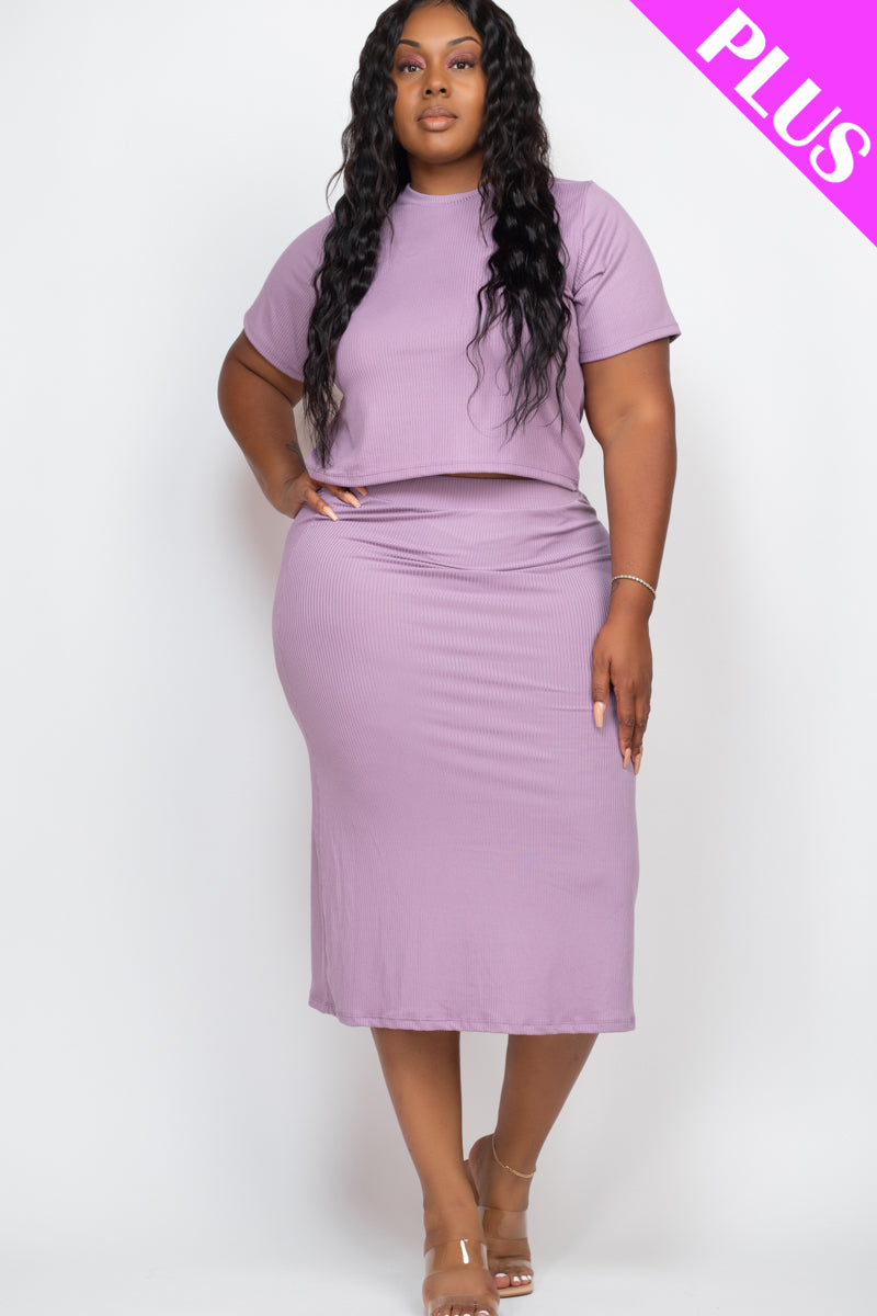 Plus Size Short Sleeve Ribbed Top & Midi Skirt Set - Capella Apparel Wholesale