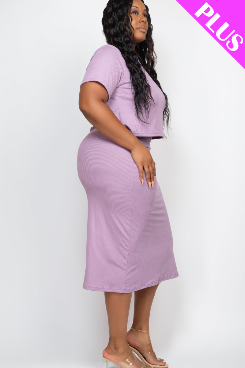 Plus Size Short Sleeve Ribbed Top & Midi Skirt Set - Capella Apparel Wholesale