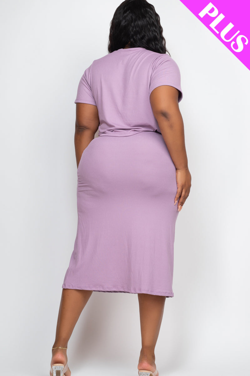 Plus Size Short Sleeve Ribbed Top & Midi Skirt Set - Capella Apparel Wholesale