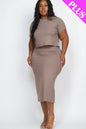 Plus Size Short Sleeve Ribbed Top & Midi Skirt Set - Capella Apparel Wholesale